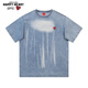查爾斯桃心美式漸變水洗牛仔短袖T恤男夏季新款休閑潮牌情侶體恤 淺藍  M