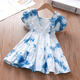 兔嵐云南扎染連衣裙女童短袖夏季大理旅游植物中小童荷葉邊收腰公主裙 藍染三粒紐扣裙 140 cm