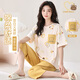 浪莎女士睡衣女夏印花七分褲短袖套裝簡(jiǎn)約圓領(lǐng)可外穿寬松家居服套裝