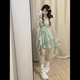 鏡莎新品連衣裙女2025夏季法式花邊小個子學生顯瘦甜辣妹吊帶短裙子女 淺綠色 均碼 可備注碼數(shù)