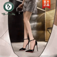 啄木鳥(niǎo)黑色漆皮中空一字扣帶超高跟鞋涼鞋女尖頭細跟性感2025年新款春夏 黑色6厘米.紅底 35