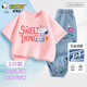 史努比（SNOOPY）童裝女童短袖套裝兒童短袖t牛仔褲2件套 粉色SWEET+淺藍花朵  130