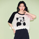 Basic House/百家好輕薄熊貓提花五分袖針織衫女夏季寬松T恤上衣 白色 L