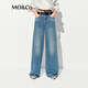 MO&Co.牛仔褲夏漢麻棉質(zhì)做舊貓須擦色闊腿高腰MBE2JENT07 牛仔藍色 M /M