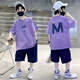 奧米鼠男童套裝夏裝中大兒童韓版時(shí)尚洋氣短袖T恤兩件套夏天男孩衣服潮8 紫色套裝 140