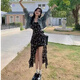 茯見(jiàn)法式黑色吊帶連衣裙女2025夏季新款氣質(zhì)不規則長(cháng)裙設計感碎花裙子 黑色 M