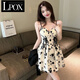 LPOX甜美蕾絲碎花a字連衣裙女夏季系帶v領(lǐng)氣質(zhì)高級感收腰顯瘦吊帶裙子 連衣裙 S