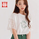 唐馨裳純棉短袖T恤女夏季新款蕾絲拼接印花立體甜美寬松白色半袖上衣ins 白色-拼接 XL 【建議120-130斤】