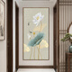 梓朗新中式裝飾畫(huà)客廳墻上掛畫(huà)荷花壁畫(huà)玄關(guān)豎版入戶(hù)禪意水墨蓮花墻畫(huà) A【順豐包郵】 50*100木紋黃框（PS框+油畫(huà)布）