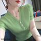 瀅蓓冰絲V領(lǐng)短袖t恤女夏新款韓版百搭修身顯瘦紐扣拼接針織衫上衣薄款 綠色 L (建議100-110斤)
