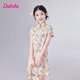 笛莎（DEESHA）童裝兒童女童連衣裙2025夏季新款中大童新中式印花泡泡棉布旗袍裙 黃印花 165
