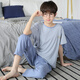 EMBERLOVE兒童睡衣男孩家居服男童青少年夏季薄款大童春秋純棉短袖長(cháng)褲套裝 N淡藍細條紋【短長(cháng)】 170 XL碼165-170cm 115-130斤