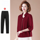 谷緹娜中年媽媽夏裝T恤套裝洋氣上衣闊太太中老年女裝春秋季兩件套新款 酒紅鏈條雪紡+褲子 4XL (建議135-145斤)