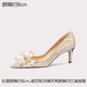 Lily Wei怦然心動(dòng)法式高跟鞋仙女水晶婚鞋細(xì)跟尖頭新娘蝴蝶結(jié) 香檳金【跟高6厘米】 37
