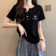 以純 YISHION設(shè)計(jì)感v領(lǐng)正肩短袖t恤女夏裝2025新款寬松韓版大碼顯瘦遮肚子上衣 黑色【純棉】 XL 適合131-150斤