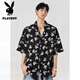 花花公子（PLAYBOY）chic港風(fēng)復(fù)古滿印短袖花襯衫男夏季冰絲順滑街頭百搭休閑襯衣男 黑色 XL 建議125-145斤