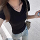 歌詩慧黑色正肩短袖女夏季新款2025年V領(lǐng)T恤修身收腰顯瘦百搭小個子上衣 黑色收腰v領(lǐng)短袖 L