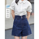 茵曼（INMAN）直筒闊腿牛仔短褲女士夏季新款顯瘦寬松冰氧吧高腰熱褲子 深寶藍-18322824 26