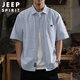 JEEP SPIRIT吉普條紋短袖襯衫男士夏季美式復(fù)古寬松休閑純棉襯衣 藍(lán)色  2XL 
