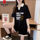 皮爾卡丹（pierre cardin）休閑運(yùn)動(dòng)套裝女短袖短褲夏季時(shí)尚寬松大碼顯瘦小個(gè)子學(xué)生兩件套潮 黑色 T恤+短褲 3XL (155-175斤)