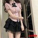 tromlfz套裝學(xué)院風(fēng)JK制服女收腰顯瘦泡泡袖襯衫上衣高腰蓬蓬蛋糕裙子 粉襯衫+瓴結+蕾絲邊蓬蓬裙 S