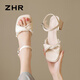 ZHR粗跟涼鞋女珍珠水鉆氣質(zhì)女鞋夏季百搭一字帶涼鞋 JF199 米色  36 