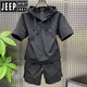 JEEP SPIRIT夏季短袖T恤休閑套裝男生寬松速干工裝短褲ins潮牌帥氣穿搭兩件套 黑色一套 M 100-120斤