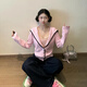 九寸陽(yáng)光甜美撞色邊針織外套女毛衣開衫慵懶學(xué)院風(fēng)秋季海軍領(lǐng)顯瘦氣質(zhì)上衣 粉色 常規(guī) 均碼 （推薦體重120斤內(nèi)）
