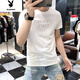 花花公子潮牌短袖T恤男生青年時(shí)尚帥氣白色修身印花字母體恤上衣 白色  L