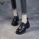 CFCW品牌英倫風(fēng)單鞋女粗跟系帶小皮鞋2025新品牛皮女鞋舒適軟底樂福鞋 黑色 34