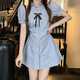 貞喜氣學(xué)院風(fēng)條紋襯衫連衣裙女2025夏季新款小個(gè)子收腰顯瘦泡泡袖裙子 連衣裙+短褲+蝴蝶結 L （建議105-115斤）
