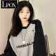 LPOX美式復古插肩長(cháng)袖t恤女2025秋季新款韓版bf寬松百搭顯瘦情侶上衣 黑灰色 M _建議80-100斤
