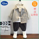 迪士尼（Disney）童裝秋季男童3件套裝2024新款潮寶寶洋氣男孩純棉衣服兒童襯衫裝 杏色三件套 襯衫+打底衫+黑色褲子 90 cm