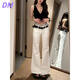 DALEY MODE美式vintage白色低腰微喇牛仔褲女寬松顯瘦辣妹高個子加長拖地褲 白色長褲 S