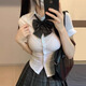 文枝制服套裝jk百褶短裙女學(xué)院風(fēng)收腰短袖襯衫格裙套裝兩款蝴蝶結隨機 白色短袖+碳灰短裙【套裝】M