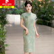 皮爾卡丹（pierre cardin）改良旗袍女夏季短袖小個(gè)子文藝中式氣質(zhì)連衣裙新款優(yōu)雅碎花日針織 綠色 4XL 適合140-150斤