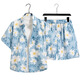 栢斐荻（BYPHYTEE）套裝花襯衫+短褲沙灘度假風(fēng)泰國夏威夷男女情侶裝潑水節 3627襯衫+短褲藍色 4XL