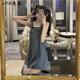 J-the牛仔背帶裙女夏季學(xué)生小個(gè)子連衣裙2025新款可愛(ài)大碼胖mm吊帶短裙 藍(lán)色 M 90-100斤