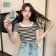 Halo Queen短袖T恤女2025夏圓領(lǐng)黑白條紋休閑打底短袖上衣女H52T027