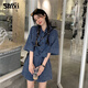 世希減齡氣質(zhì)短袖襯衫牛仔套裝女2025年夏季新款大碼短褲子外套兩件套 藍色 XL (建議115-125斤)
