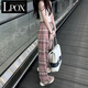 LPOX冰絲夏季薄款粉色格子休閑褲女2025新寬松慵懶風(fēng)直筒闊腿褲拖地褲 粉色格子休閑褲 M 【適合80100斤】