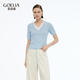 歌莉婭短袖上衣女夏2025新款假兩件可調節抽褶條紋T恤套頭衫1E6C5G370 11U天藍 S