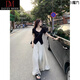 DAVEY MODE套裝女兩件套2025年新款女士夏季衣服短袖T恤夏季高腰褲長(zhǎng)裙褲 【兩件套裝】黑色短袖上衣杏色褲子 M :95-108斤