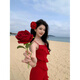 YIOU紅色顯白連衣裙女夏季新款氛圍感沙灘裙長款連衣裙氣質(zhì)魚尾裙2383 大紅色 S