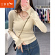 紅蜻蜓2025春秋新款Polo領(lǐng)長袖T恤女針織衫女秋裝毛衣薄打底衫上衣小衫 燕麥杏 均碼 【建議80-130斤】