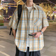 POUM日系格子短袖襯衫夏款高級(jí)感痞帥休閑男士襯衣外套6326黃色L