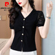 皮爾卡丹（pierre cardin）時(shí)尚收腰短袖襯衫女裝夏季新款氣質(zhì)黑色顯瘦T恤洋氣翻領(lǐng)套頭上衣 黑色 3XL