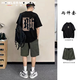 聲猴夏天套裝男士短袖純棉T恤寬松百搭潮流衣服痞帥休閑短褲兩件套潮 黑色+綠色短褲【二件套】 XL