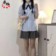 若盼學(xué)院風(fēng)甜美襯衫女短袖2025夏季新款甜美寬松休閑感襯衣百褶裙套裝 藍(lán)色短袖襯衫+黑色交叉小領(lǐng) M 95-110斤