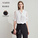 AMII女裝2025夏季新款極簡(jiǎn)寬松雪紡拼透膚薄泡泡袖V領(lǐng)綁帶純 米白 L